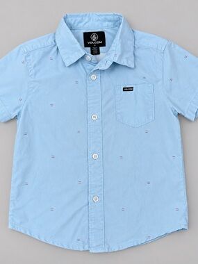 Volcom Boys Size 5 Light Blue Short Sleeve Button Down Shirt Allover Print